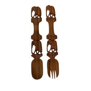 Vintage Carved Wood Elephant Wall Fork and Spoon Set 14.5” MCM Boho Tiki Decor